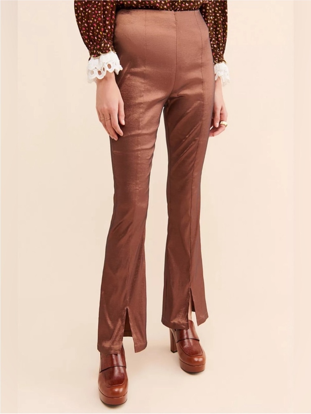 Hosbjerg Elora Split Hem Pant Brown Shiny Stretch Side Zip Trouser Unique